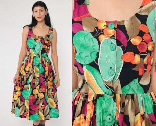 80s Alouette Tropical Fruit Midi Dress Black Button-Up Sleeveless Extra Small