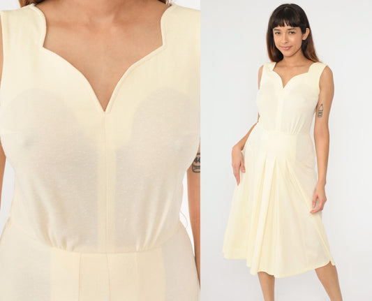 1970s Carnegie of London Cream Scalloped Pleated Midi Dress Small