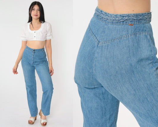 70s Levi's High Waist Straight Leg Jeans Blue Denim Braided Back XS