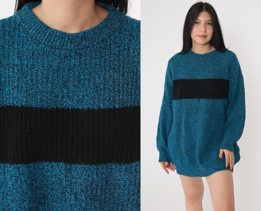 80s Wool Color Block Sweater Blue Black Striped Crewneck Pullover Men's Medium M