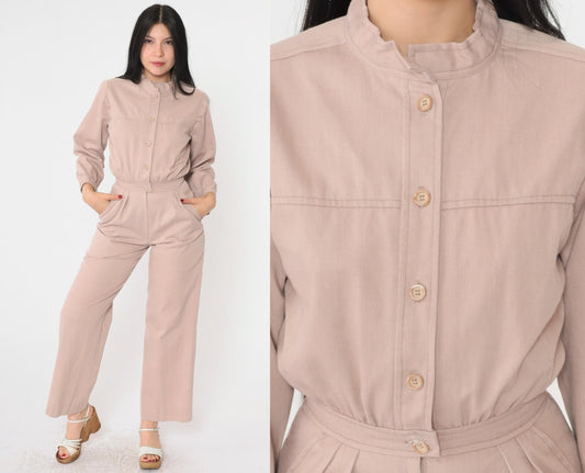 80s Warm Taupe Utility Jumpsuit Wide Leg Pleated Button Front Extra Small