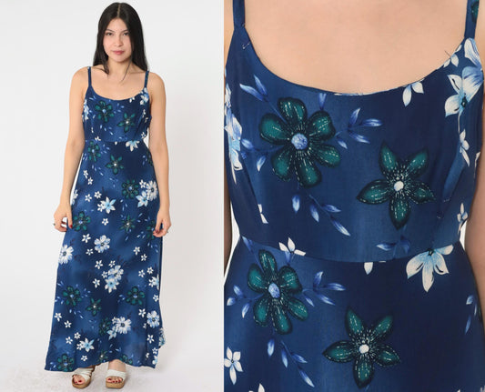 90s Blue Floral Maxi Dress Spaghetti Strap High Waist Medium