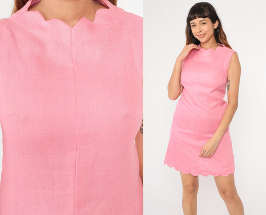 60s Mod Mini Shift Dress Bubblegum Pink Scalloped Sleeveless Small