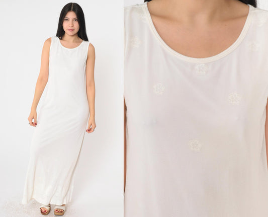 90s White Mesh Floral Lace Maxi Dress Sleeveless Scoop Neck Small