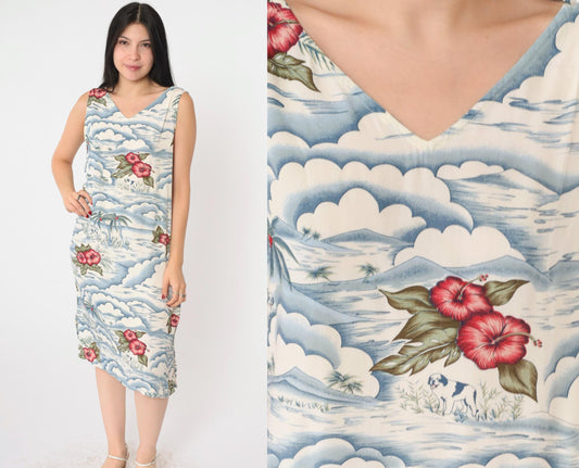 Big Dogs Tropical Floral Rayon Midi Dress V Neck Sleeveless Blue White Large