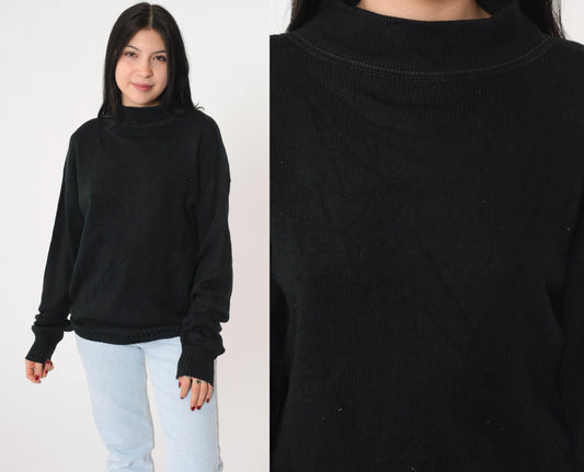 80s Black Knit Mock Neck Pullover Sweater Medium