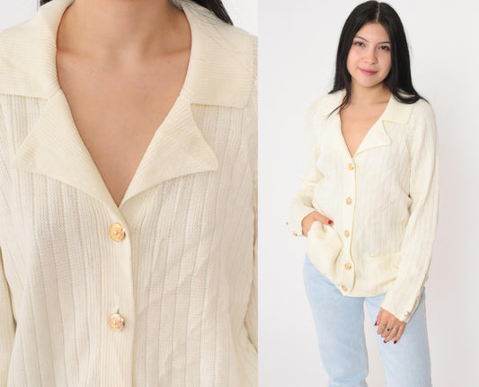 80s Ms. Casuals Cream Acrylic Cardigan Gold Eagle Buttons Medium