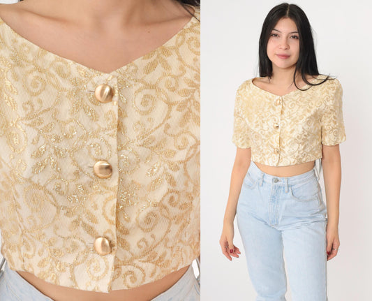 90s Cream Gold Metallic Lace Crop Top Button Up Blouse Small
