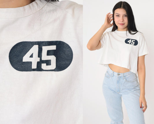 80s Champion Athletic Crop Top Number 45 White Cotton Medium