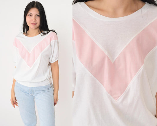 80s Land'n Sea Chevron Striped Dolman Sleeve Tee Pink White Small Medium