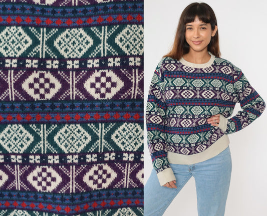 80s Nordic Geometric Fair Isle Sweater Green Purple Knit Pullover Large L