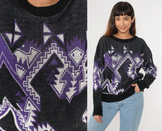 80s Geometric Snake Pattern Sweater Purple Black Acrylic Crewneck Large