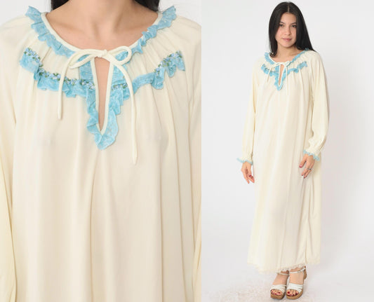 70s Cream Nightgown Maxi Keyhole Tie Neck Long Sleeve Lace Trim Large XL