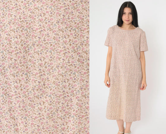90s Floral Midi Shift Dress Off-White Pink Short Sleeve Pockets Medium