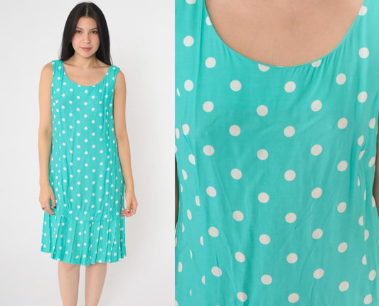 80s Jessica Howard Polka Dot Shift Dress Turquoise Sleeveless Knee Length Medium