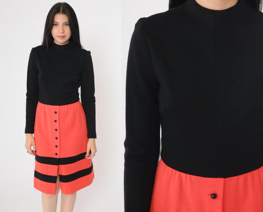 60s Wool Mock Neck Dress Black Orange Striped Knee-Length High Waist Small