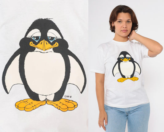 1986 Penguin Graphic T-Shirt "This Penguin Far Exceeds the Average" White Crewneck Small