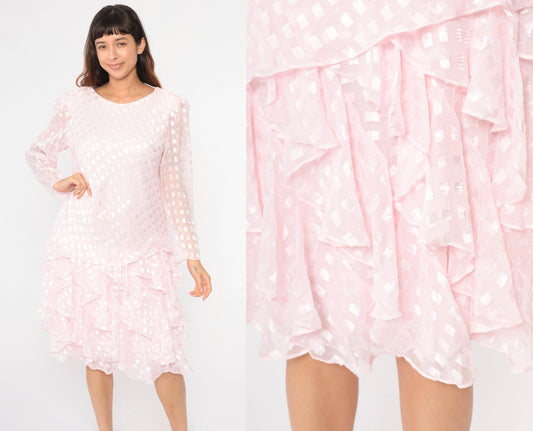 80s Patra Pink Midi Dress Drop Waist Puff Sleeve Ruffle Embossed Large L