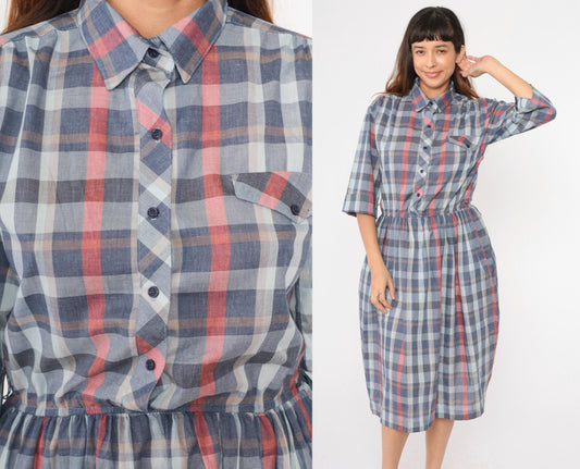 80s Paul Alfred Plaid Shirt Dress Blue Red Midi High Waist Medium