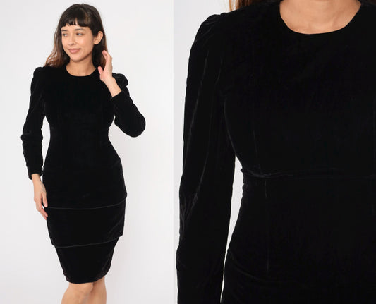 80s Maggy London Black Velvet Puff Sleeve Midi Dress Small 6