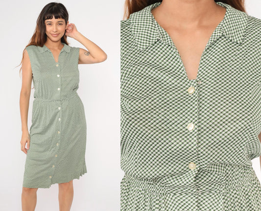 70s Green White Checkered Midi Dress High Waist Sleeveless Button Up Small Medium