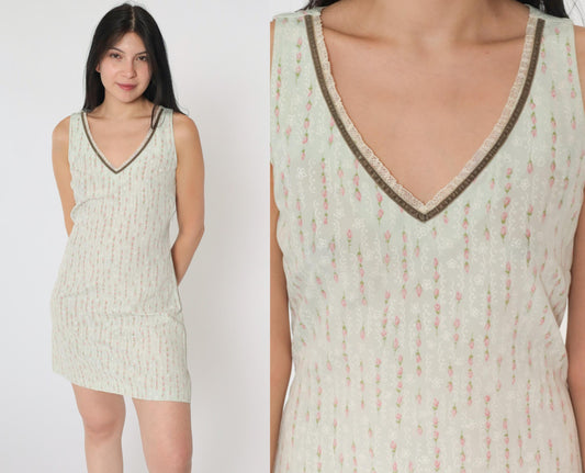 90s Mint Floral Sheath Mini Dress Deep V Neck Sleeveless Small