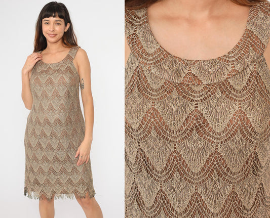 90s S.L. Fashions Metallic Lace Mini Dress Gold Fringe Sleeveless Shift Extra Large XXL