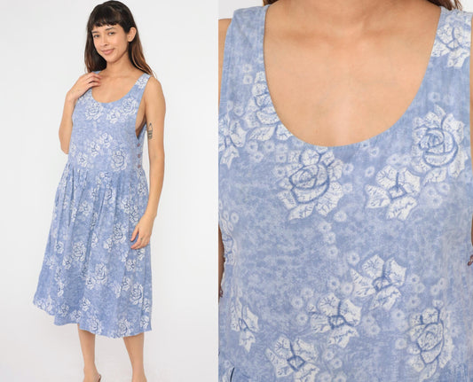 90s Periwinkle Floral Midi Dress Sleeveless Button Side Cotton Medium