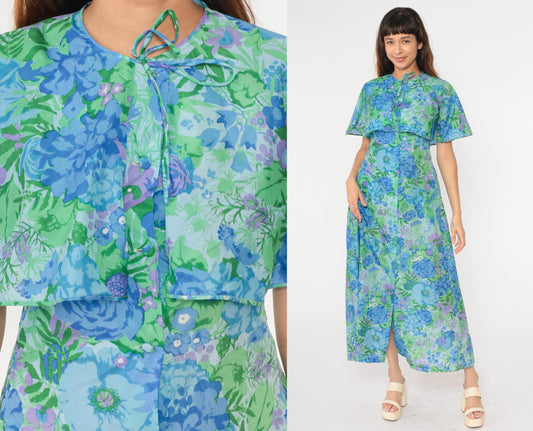 70s Lord & Taylor Floral Maxi Dress Blue Green Capelet Button Front Small