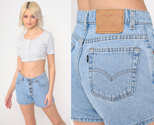 90s Levi's Blue Denim Shorts High Rise Button Fly Small