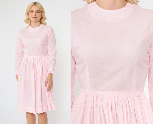 1960s Pink Checkered Dress High Waist Ruffled Long Sleeve Knee Length Extra Small