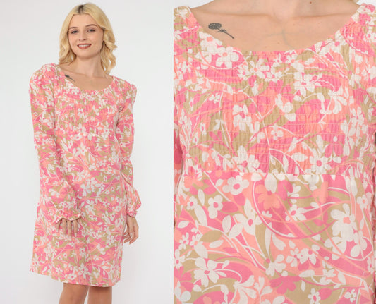 70s Floral Puff Sleeve Mini Dress Empire Waist Smocked Bodice Pink Small