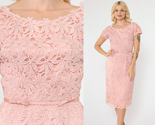 1960s Pink Lace Beaded Cocktail Dress Knee-Length Pencil XS