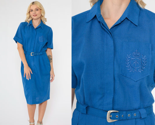 80s Blue Crest Embroidered Shirtdress Midi High Waist Belted Medium