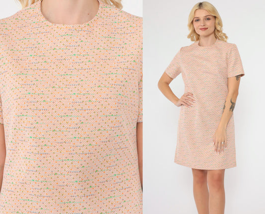 60s Mod Mini Shift Dress Orange Micro Dot Print White Polyester Small Medium