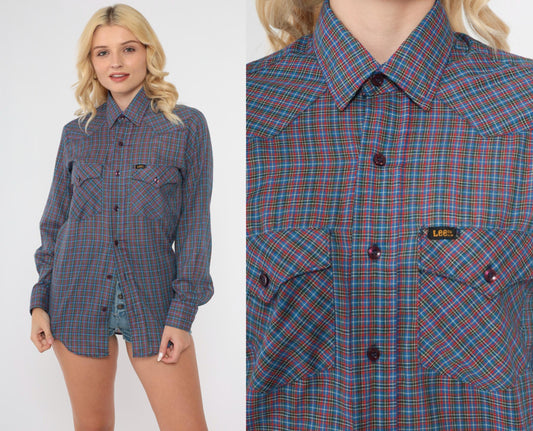 80s Lee Plaid Button-Up Shirt Blue Red Checkered Long Sleeve Small