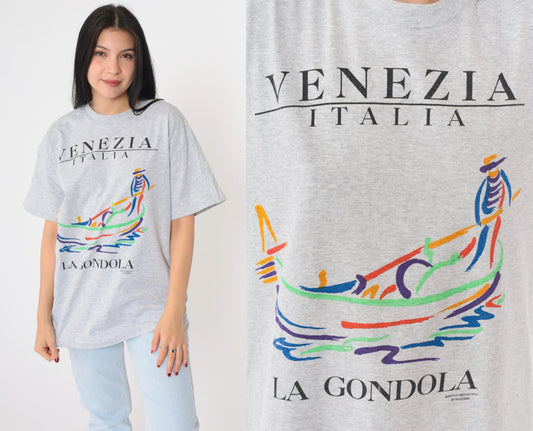 90s Venezia Italia La Gondola Venice Graphic T-Shirt Grey Large L