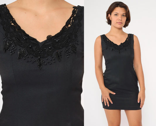 90s Nina K Black Beaded Mini Dress Lace Neckline Sheath Small