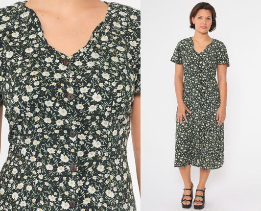 90s Black Floral Midi Dress Flutter Sleeve Button-Up Green White Small S