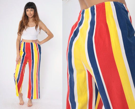 1960s Striped Bell Bottom Pants High Waist Yellow Red Blue Medium