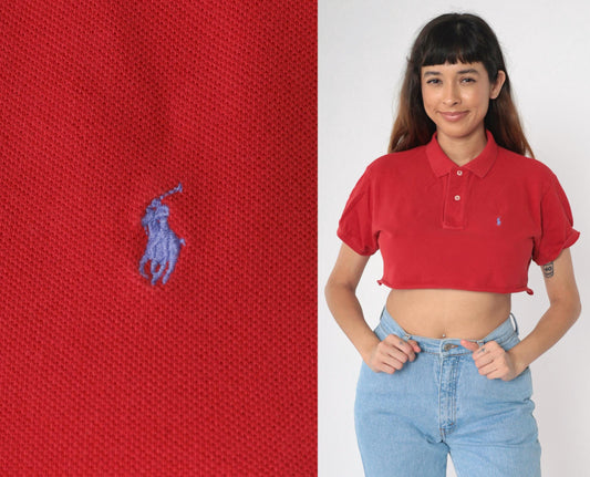 90s Ralph Lauren Crop Top Red Polo Shirt Raw Hem Medium M