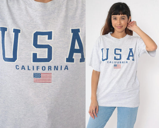 90s California USA American Flag Graphic T-Shirt Heather Grey Large L