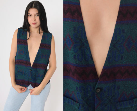 90s Hutspah Geometric Southwestern Vest Button Up Sleeveless Medium