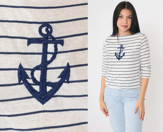 80s Striped Anchor Boatneck T-Shirt White Navy Half Sleeve Small