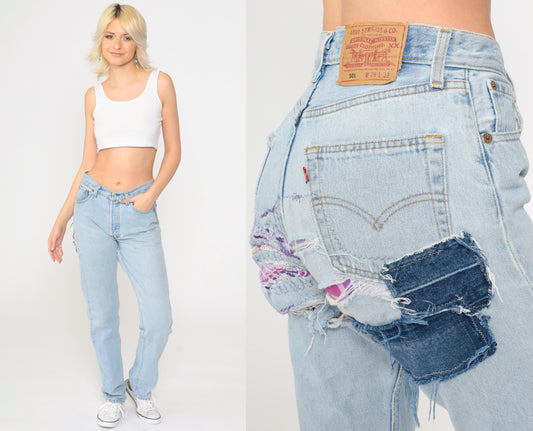 90s Levi's 501 Straight Leg Jeans Blue Distressed Ripped Patches Small W28 L32