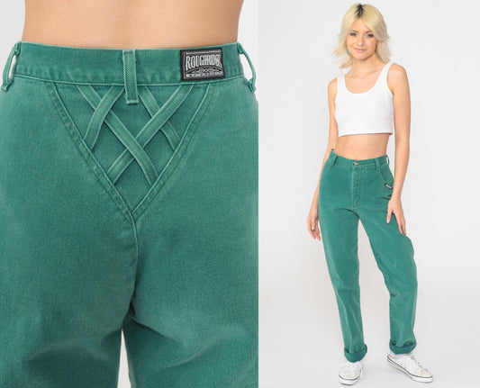90s Roughrider Green Denim Western Jeans High Waist Straight Leg Extra Small XS