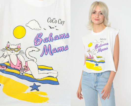 90s Bahama Mama Beach Cat Graphic Tank Top Cutoff Cotton Large L