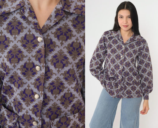 70s Geometric Damask Print Blouse Purple Brown Button Up Long Sleeve Medium M