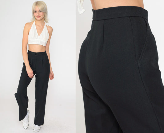 80s Black High-Waisted Pleated Straight Leg Trousers Small
