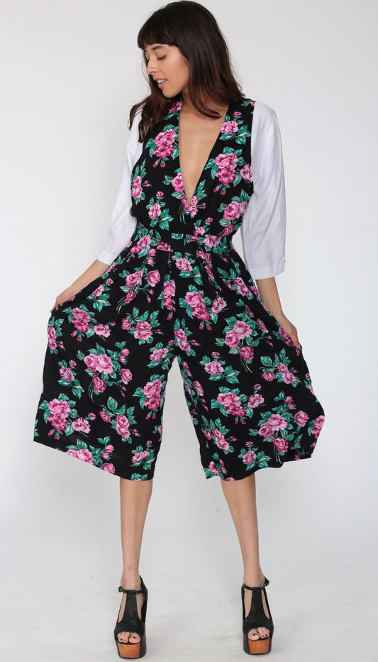 90s Floral Deep V Jumpsuit Wide Leg High Waist Black Small